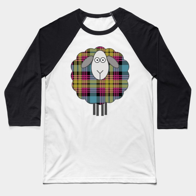 Scottish Pink, Blue and Yellow Tartan Patterned Sheep Baseball T-Shirt by MacPean